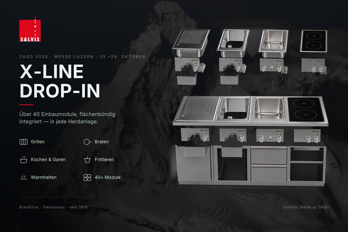 Salvis X-Line Drop-In Einbaumodule: Grillplatte, Fritteuse, Bain-Marie und Induktionsfeld